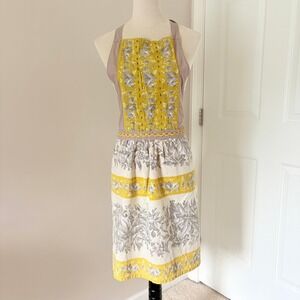 Pier 1 Imports Apron OS Yellow Gray Floral Toile Embroidered Rickrack Cotton